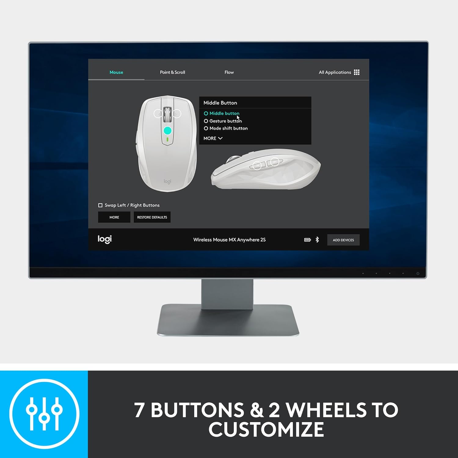 Logitech MX Anywhere 2S Bluetooth Edition Wireless Mouse, Multi-Surface with 4000 DPI, Hyper-Fast Scrolling and 7 Customisable Buttons