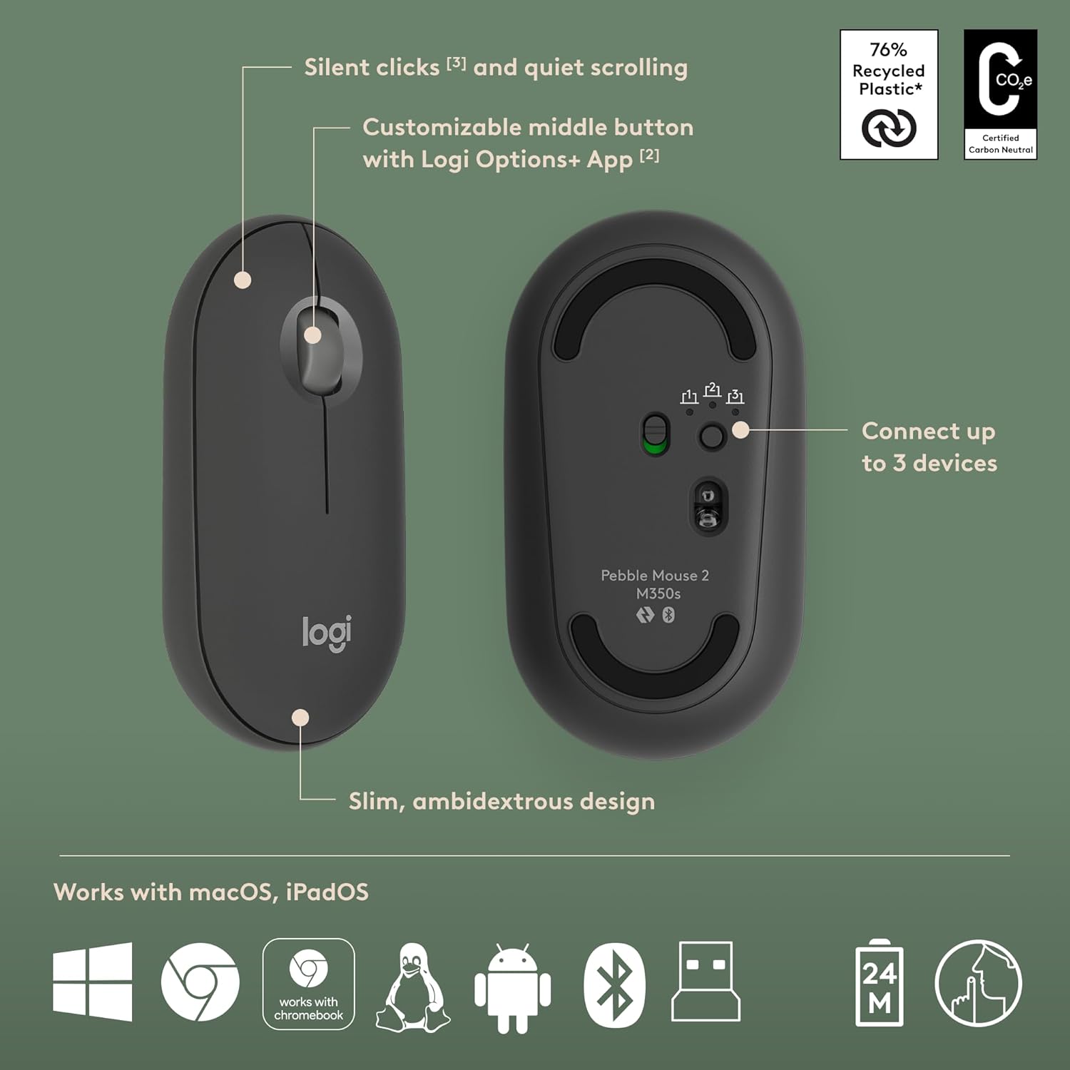 Logitech Pebble 2 Combo, Wireless Keyboard and Mouse, Quiet and Portable, Customisable, Logi Bolt, Bluetooth, Easy-Switch for Windows, macOS, iPadOS, Chrome - Tonal Graphite