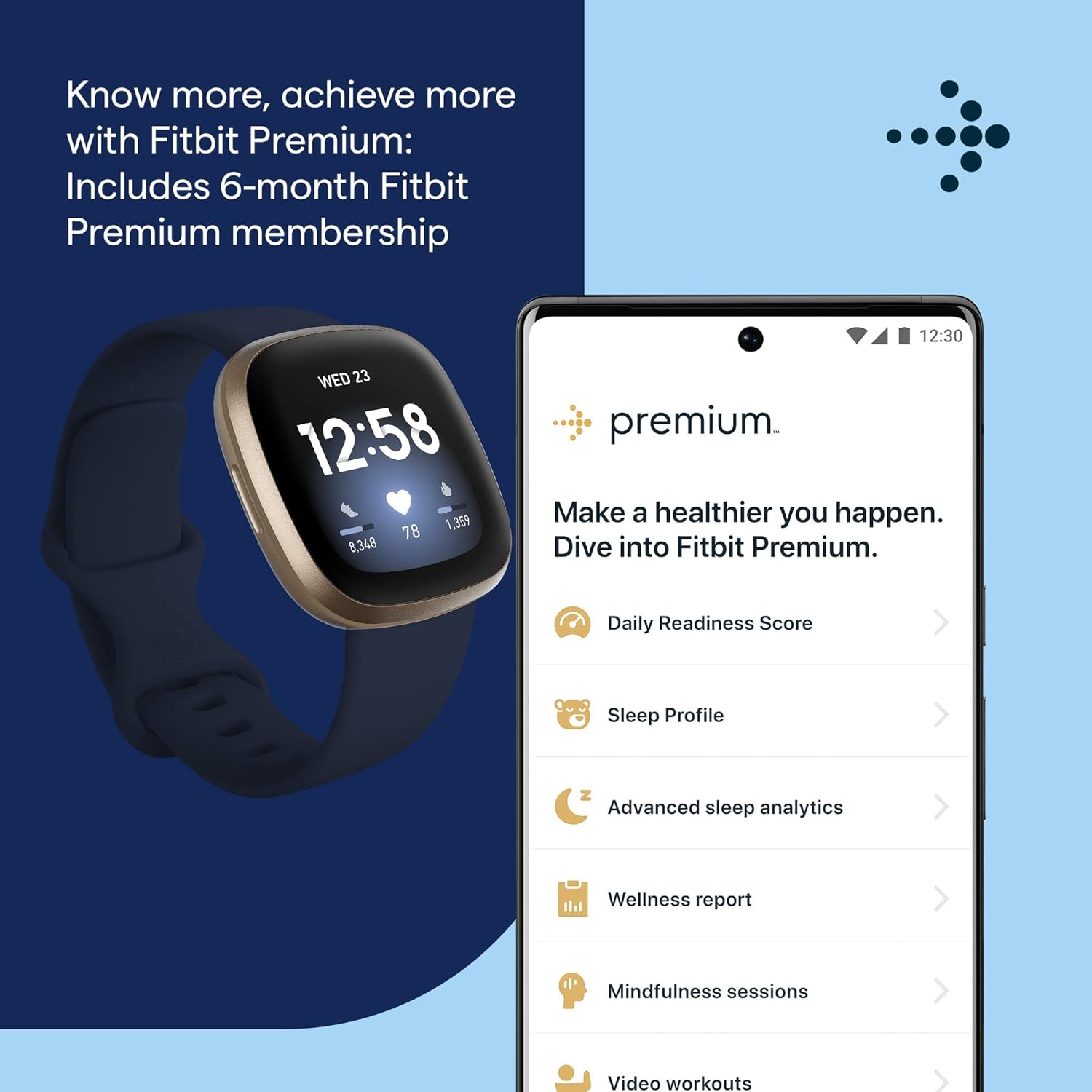 Fitbit Versa 3 Health & Fitness Smartwatch with GPS, 24/7 Heart Rate, Alexa Built-in, 6+ Days Battery, Midnight Blue/Gold, One Size (S & L Bands Included)