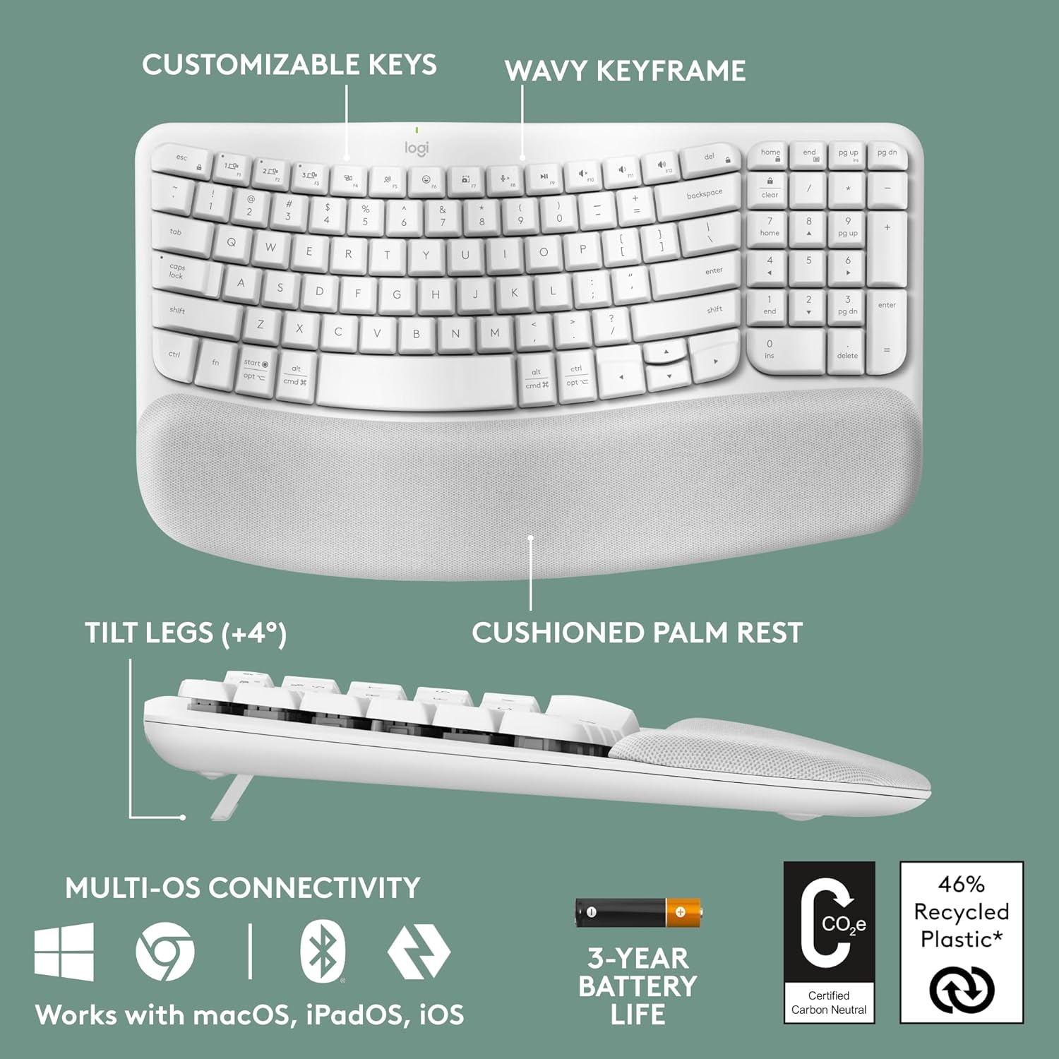 Logitech Wave Keys Wireless Ergonomic Keyboard with Cushioned Palm Rest, Comfortable Natural Typing, Easy-Switch, Bluetooth, Logi Bolt Receiver, for Multi-OS, Windows/Mac - Off White