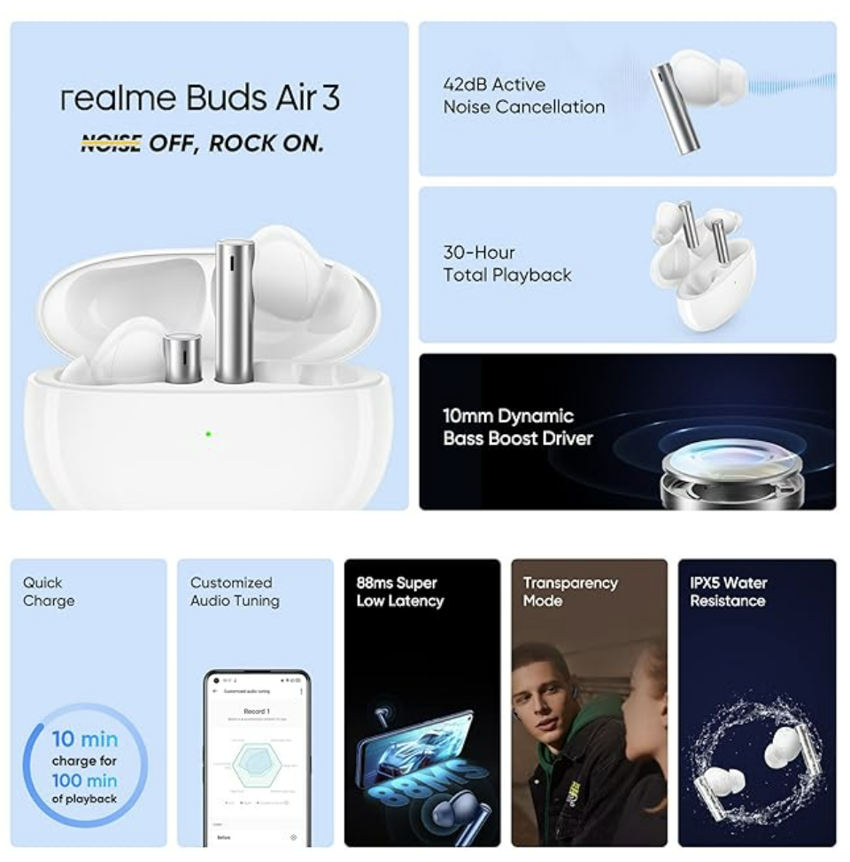 realme Buds Air 3 True Wireless in-Ear Earbuds with 42dB Active Noise Cancellation (ANC), Dual Device Pairing and 30 hrs Playtime with Fast Charging - Unboxed