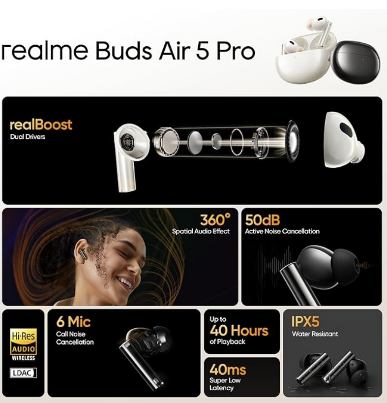 realme Buds Air 5 Pro TWS Earbuds with Active Noise Cancellation (IPX5 Water Resistant, LDAC HD Audio CODEC) - Unboxed