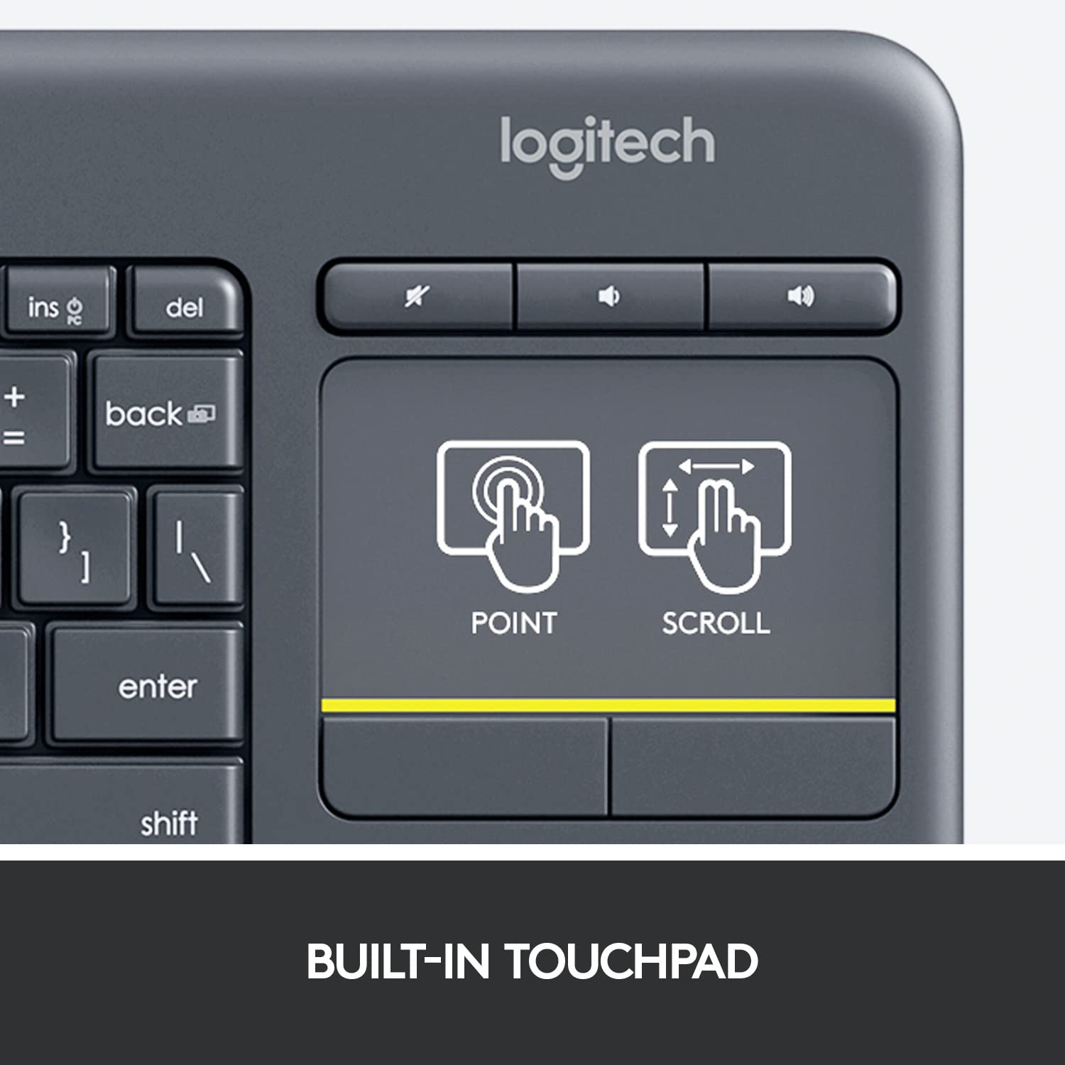 (Open Box) Logitech K400 Plus Wireless Touch TV Keyboard with Easy Media Control and Built-in Touchpad, HTPC Keyboard for PC-Connected TV, Windows, Android, Chrome OS, Laptop, Tablet - Black (Grade - A+)