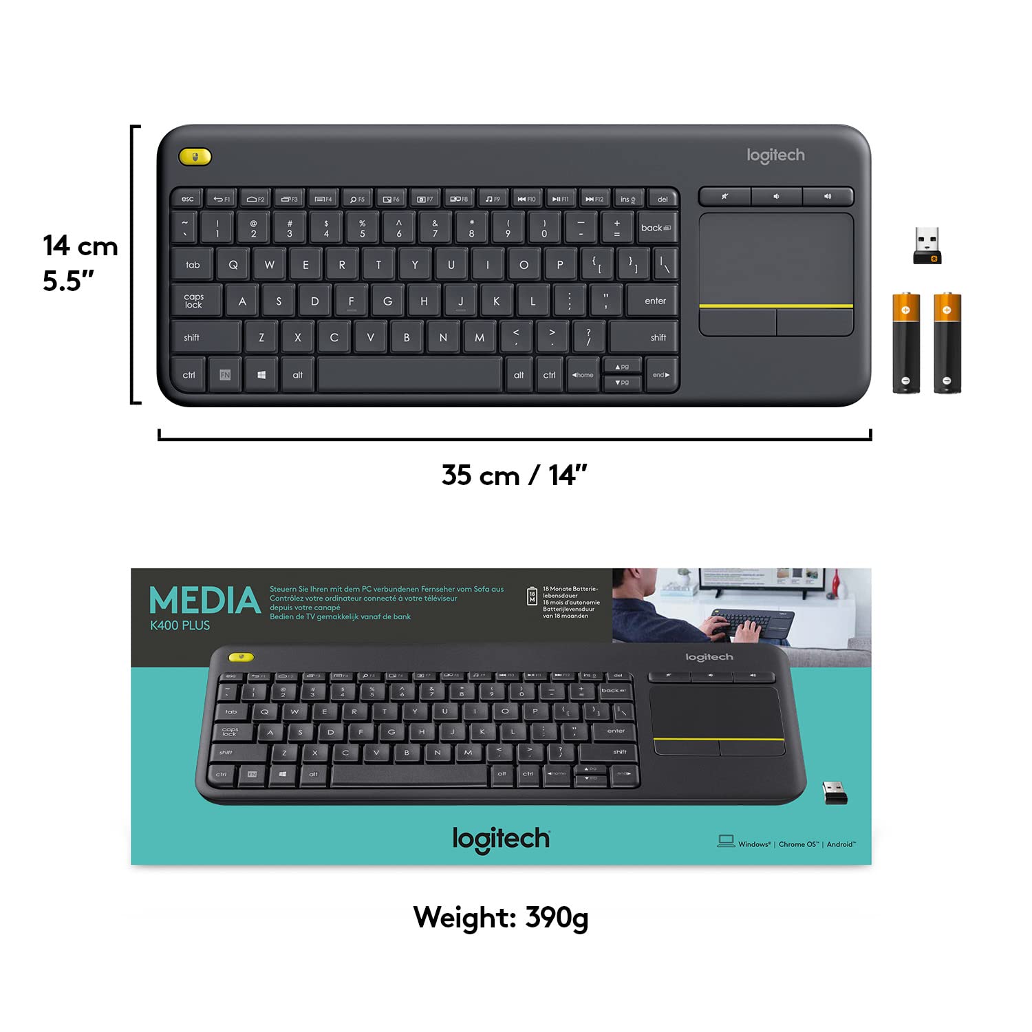 (Open Box) Logitech K400 Plus Wireless Touch TV Keyboard with Easy Media Control and Built-in Touchpad, HTPC Keyboard for PC-Connected TV, Windows, Android, Chrome OS, Laptop, Tablet - Black (Grade - A+)